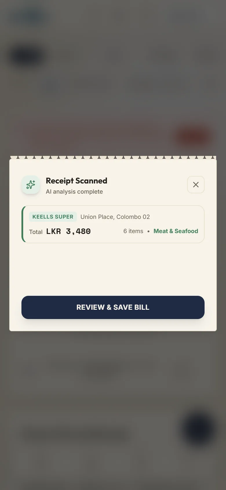 Receipt scanned: Keells Super, LKR 3,480, six items