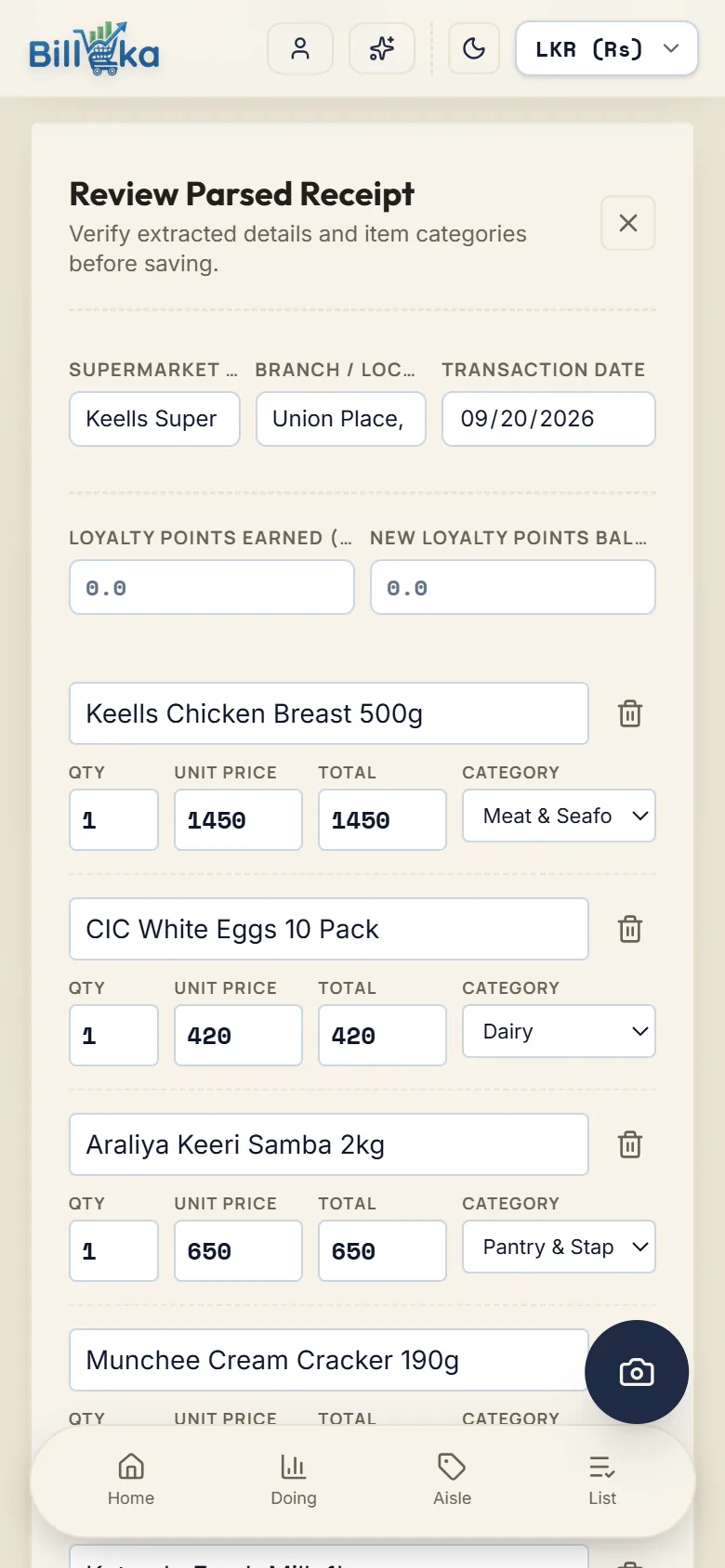 Review screen with store, date, items, prices and categories that can be edited