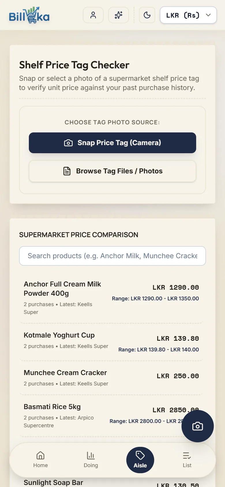 Price comparison across stores